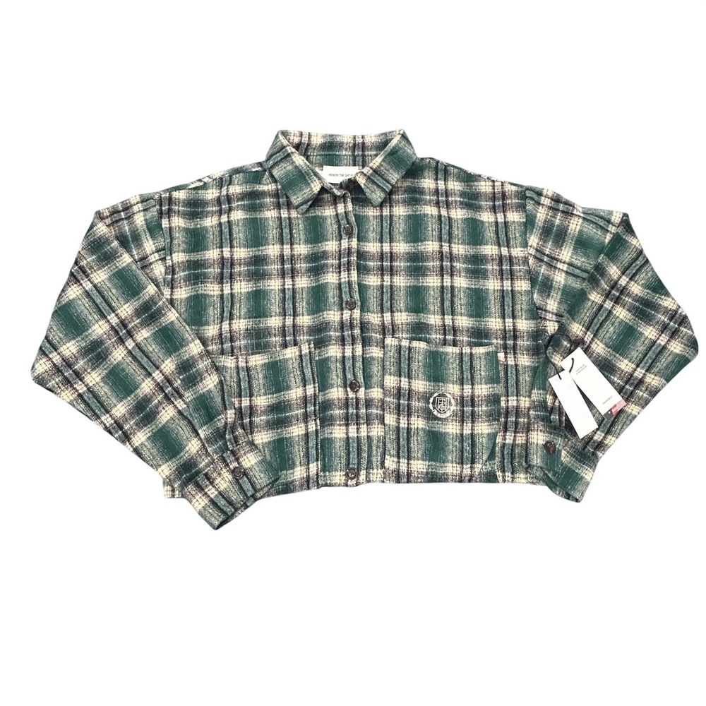 Honor The Gift Green Plaid Cropped Flannel Shirt‎ Jacket XL Boxy Fit Streetwear